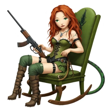 solarpunk ultra HD very old and tired Tori Amos casually crouches on a rocking chair in a torn corset, holding a double-barreled rifle and with muddy feet. a big snake wrapped itself around the chair sticker