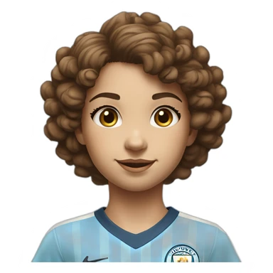 girl with short curly brown hair and eyes wearing Manchester City football shirt, fluro orange soccer boots, number 15, standing with a soccer ball sticker