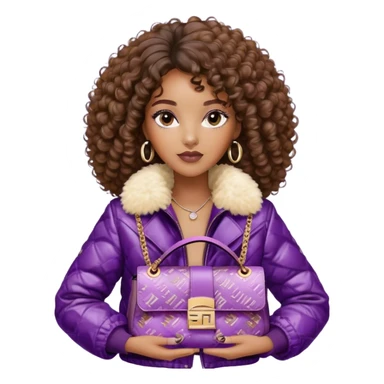 Beautiful black woman with curly hair. She is wearing a brown monogram Fendi jacket with a fur trim. She is carrying a Fendi Baguette
Purple sequined bag. I want the image close up. The jacket is not purple.  sticker