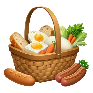 basket with groceries: milk, bread, sausage, eggs, potatoes, carrots, onions, cabbage sticker
