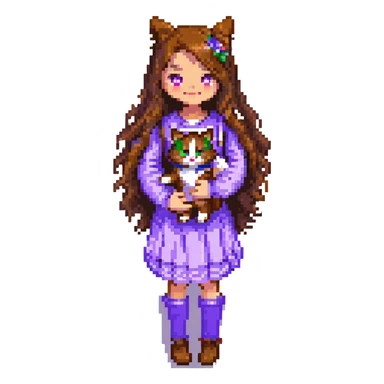 Add a simple, cheerful background to the scene with a girl with long, wavy brown hair, brown eyes, purple clothes, holding a three-color cat, in pixel art style. sticker