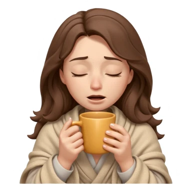 emoji-style illustration of a crying relaxed woman with long wavy brown hair, wrapped in a cozy beige blanket, holding a mug cup, eyes closed, sad and a bit anxious expression, soft 3D cartoon rendering, warm and comforting mood, plain background
 sticker