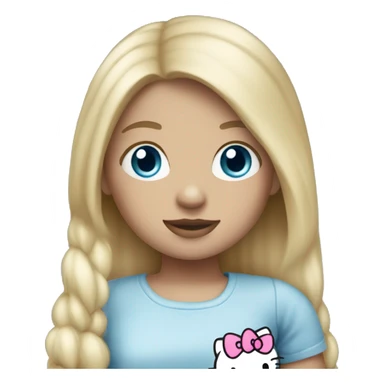 A girl with blonde hair and blue eyes with a hello kitty plush sticker
