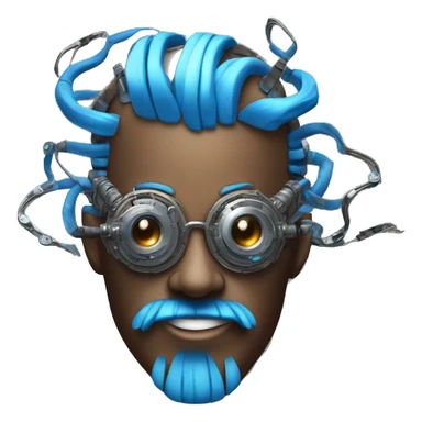 Brown cyborg head with blue Mohawk, blue beard, silver steampunk monocle goggles a smile and circuits sticker