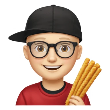 num num eatting hashbrown sticks with a plain black cap and glasses no hair sticker