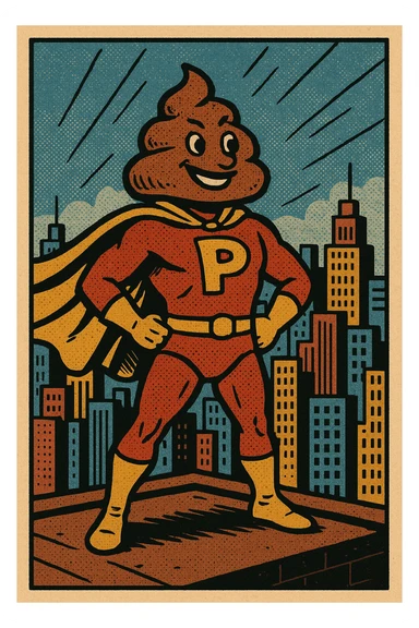 poop man superhero, standing on a rooftop, city background, comic style sticker