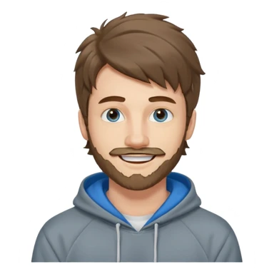 20 year old man, short scruffy beard and thin moustache, brown puffy mullet, blue eyes, big smile, white teeth, big lips, pronounced jaw, hair longer in back, sticking up on top, thin face, grey hooded sweatshirt, pale skin, big smile, blue eyes, puffy hair that is long in back, blue eyes, no bangs sticker