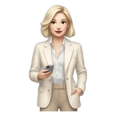 pale skin woman with ash blonde Straightened bob Hair, White Spacious classical jacket, beige palazzo Arrow pants and gray blouse holding white IPhone 14 pro in the hands sticker