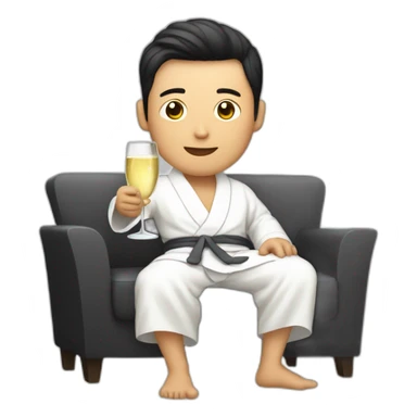 A Korean man in a bathrobe on the sofa with a glass of champagne sticker