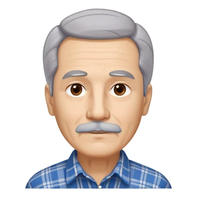Senior Hispanic man with light complexion. Elongated face with wise expression. Relaxed brown eyes with gentle gaze. Thin eyebrows. White mustache connected to chin beard. Gray-white straight hair swept back. Wearing a beige and blue plaid long-sleeved shirt. sticker