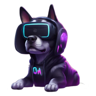 Russian dog wearing a black hoodie with "OMG" letters on it and VR headset in a cyberpunk VR environment with violet neon lighting. sticker