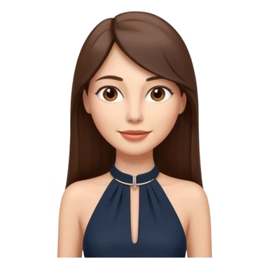 emoji-style illustration of a stylish pretty happpy woman with long straight brown hair, wearing a dark halter neck dress, elegant and minimalistic look, front-facing, soft 3D cartoon rendering, plain background sticker