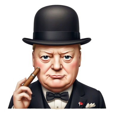 Cinematic Realistic Winston Churchill Portrait Emoji, depicted as a resolute British statesman with a signature bowler hat and a cigar, exuding determined leadership and wartime valor, rendered with lifelike textures and dramatic vintage lighting that captures his iconic British spirit. sticker