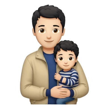 A father with short curly black hair and a friendly smile, dressed in a navy blue T-shirt and a beige jacket. He carries his child with soft straight dark hair wearing a tiny striped sweater. Bright, natural, heartwarming scene. sticker