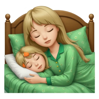 Young woman with long dark blond hair and a bang sleeping in bed  with green pyjama sticker