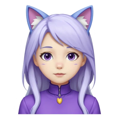 female anime character with long white hair and periwinkle highlights and cat ears on her head. She is wearing a purple outfit with a high neckline and long sleeves.  sticker