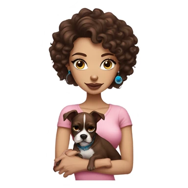 Beautiful tattooed curly dark brown haired woman holding a boxer dog and pink sphinx with blue eyes sticker