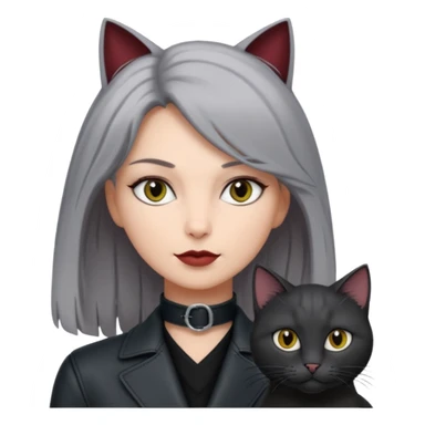 femme aux yeux gris, cheveux court bordeaux avec cuir noir, accompagné d'un chat poils longs gris clair et d'un chat poils ras noirs sticker