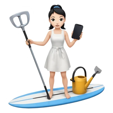 Princess who wearing white dress (woman) black ponytail hair holding her cellphone and  one garden iron shovel with another hand. there is one blue surfing board under her feet. She is looking at her phone. sticker