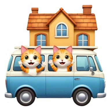 two cartoon cats in a van waving out the window at a small house in the background sticker