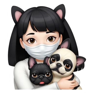 girl with short black straight bangs hair wearing a white mask and hugging a black French bulldog sticker