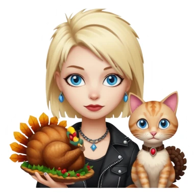 A blonde punk rocker woman with blue eyes with a thanksgiving turkey cat sticker