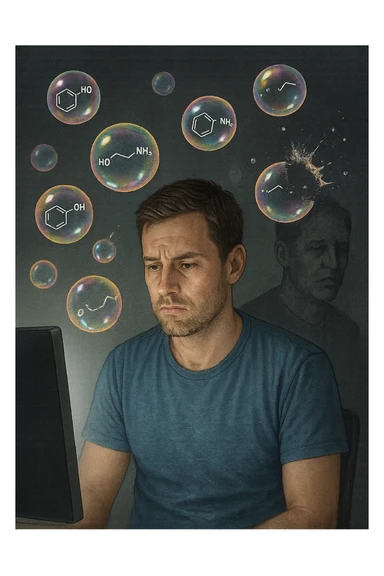 a man sits in front of a glowing screen, with colorful, artificial-looking dopamine molecules floating around his head like soap bubbles. Some bubbles pop and disappear quickly, symbolizing fleeting pleasure. In the background, a shadowy version of the man looks unsatisfied or empty, highlighting the temporary nature of the gratification. realistica con persone vere sticker