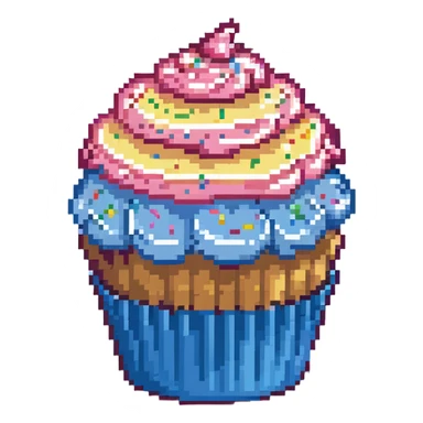 large cupcake with pink frosting, rainbow sprinkles, blue cupcake wrapper, pixel art style sticker