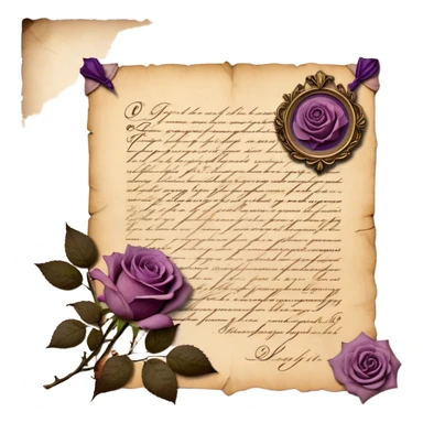 An antique handwritten letter on aged parchment, delicately adorned with dried light mauve roses, their petals slightly curled with time, resting beside it. A deep tyrian purple wax seal, intricately stamped with an ornate crest, secures the letter, evoking a vintage aesthetic of romance and mystery. The soft glow of candlelight casts gentle shadows, enhancing the nostalgic charm of the scene. sticker