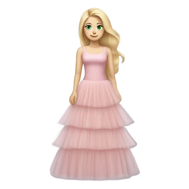Realistic White woman with Long blonde straight hair and green eyes, full body wearing Long soft pink tiered tulle dress, isolated sticker