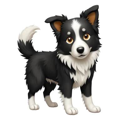 cinematic-[border collie dog]-realistic-full-body-sitting-emoji,-tail-resting-loosely-beside-its-paws,-head-tilted-dramatically,-scruffy-[black and white]-fur,-simplified-yet-realistic-focused-features,-highly-detailed,-glowing-with-an-almost-sarcastic-glow sticker