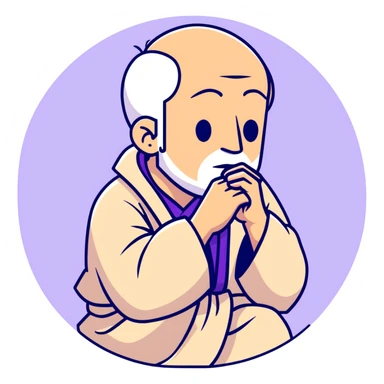 thoughtful philosopher with hand on chin, sitting in contemplative pose, scholarly appearance with robe, beige and brown color palette sticker