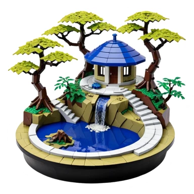 Crashed Alien saucer pool-house Lego jungle winding staircase lakeside mountainside-island getaway haunted nighttime landscape antique mudman very old broken cracked intricate Stone Age lapis-crusted irregular dodecagon-shaped shallow dark moss rough bark violet flowered maple tree bonsai sticker