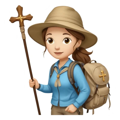 Middle aged women, long brown hair in ponytail with wide brim hiking hat. Walking with backpack and trekking poles. Backpack gas a scallop shell with the cross of saint james hanging from it. She is a pilgrim on the Camino Frances on her way to Santiago de Compostela sticker
