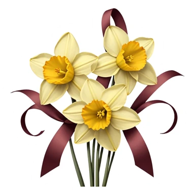 Soft yellow daffodils intertwine with faded burgundy ribbons, as brown butterflies rest on their petals. A warm, golden haze enhances the nostalgic charm. sticker