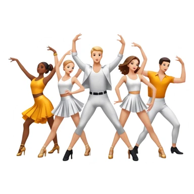 Icon for Contemporary Dance: a synchronized guys and girls group performance on stage with backup dancers in bright, modern outfits and dynamic lighting. The icon should capture the energy and coordination of a dance routine, with a focus on movement and stage presence. Transparent background. sticker