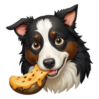 A black and white border collie is chewing on a rotten, smelly cow's hoof. sticker