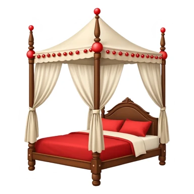 Wooden four poster bed with canopy handing small red balls on edge  sticker