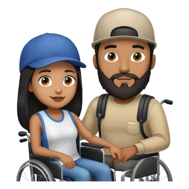 Tan skinned man with a beard and fitted cap in a wheelchair and a brown skinned woman with long black hair in a wheelchair sticker