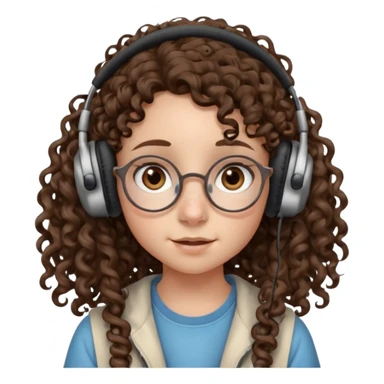 brunette kid with unique face features and very curly long hair kid girl neutral and very big nose and ears and dark eyes with freckles kind of nerd looking and headphone wearing sticker