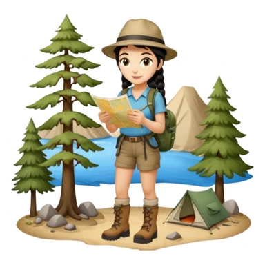 A braid black hair backpacking woman checking her map with curious eyes while walking wear camping hat and dirt covered boots full body sticker