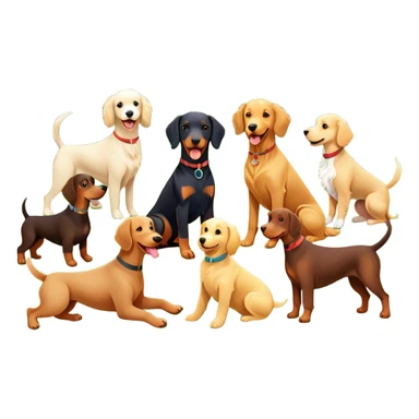 Collage of various dog breeds like Doberman, Poodle, Dachshund, and Golden Retriever, playing in a park with trees and grass. Some dogs run, others sit, all are full of energy and happiness. A joyful, colorful scene with playful expressions. Transparent background. sticker