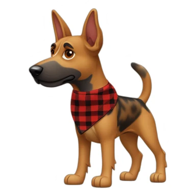 adult 75% Coonhound 25% German Shepherd mix dog with visible tail wearing small pointed red buffalo plaid bandana full body walking left quickly sticker