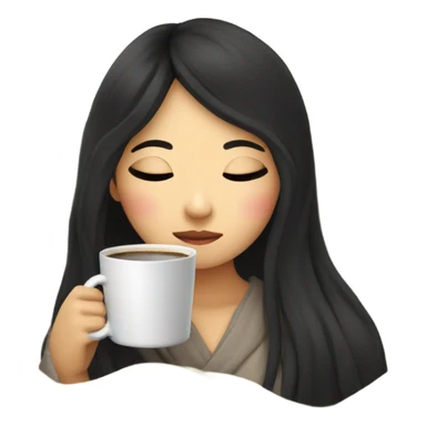 Asian girl inside a blanket sipping coffee eyes closed black hair sticker