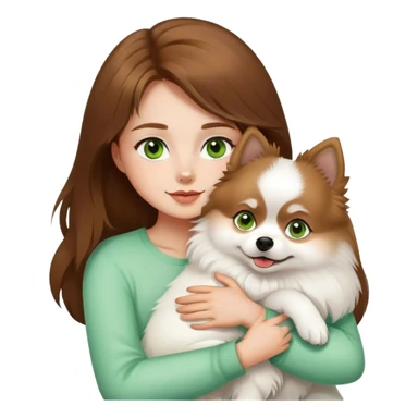 A girl with brown hair and green eyes hugs a white German Pomeranian dog sticker