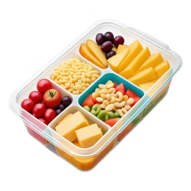 Overhead view of Meal in rectangle plastic container with lid on it sticker