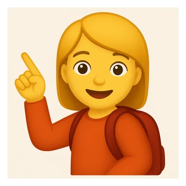 Create an emoji style image of a girl with a red backpack pointing up to the left, with a cheerful expression. Her right arm is bent down and molded to her side. The style should resemble classic emoji aesthetics. sticker