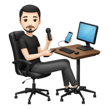 a setup of a youtuber, white skin, thin goatee, black short hair, with a desktop pc on a table, a gaming chair, microphone, no headset phone sticker