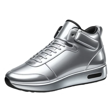 A pair of futuristic sneakers emoji made of silver chrome, sleek streetwear design, smooth metallic panels, subtle reflections, luxury swag aesthetic, iOS emoji style, centered, clean white background sticker