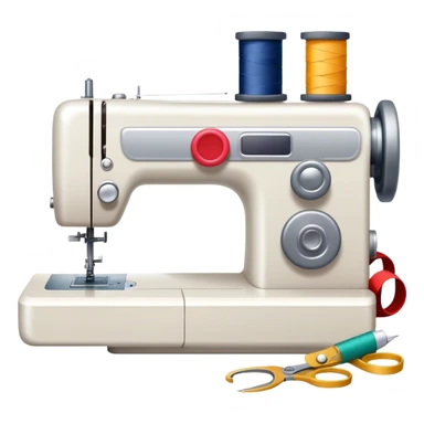 Sewing icon, sewing machine with thread, visible needle, spools of thread, fabric pieces cut according to patterns, scissors, and measuring tape, a piece of clothing in progress, minimalistic style, clean lines, transparent background. sticker